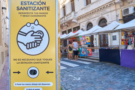 Buenos Aires, Argentina; Jan 24, 2021: Detail of a sanitizing station at the artisan fair in the San...