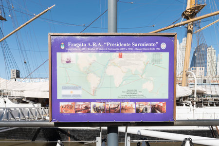 Buenos Aires, Argentina; Oct 31, 2019: Information poster on the Fragata ARA Presidente Sarmiento...