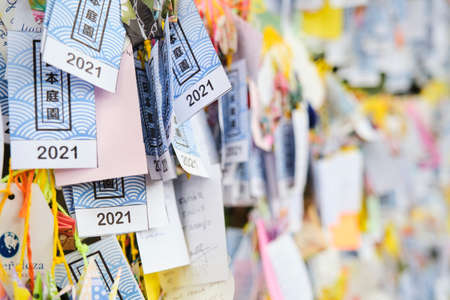 Buenos Aires, Argentina, March 17, 2021: Many strips of paper with wishes written on them, hung in the Japanese garden, following an Asian tradition.のeditorial素材