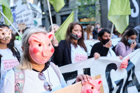 Buenos Aires, Argentina; Sept 24, 2021: Global Climate Strike, a woman wearing a pig mask protests against the agreement to set up Chinese pig farms in the country.のeditorial素材