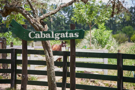 Rural vacations, sign with the text Horseback ridings written in Spanish in a rural sunny...