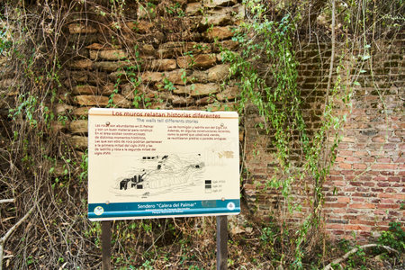 Dec 28, 2021, Entre Rios, Argentina: ancient walls of the Jesuit ruins of Calera del Palmar, historical site. The text explains the differences between the parts built in the 18th and 20th centuriesのeditorial素材