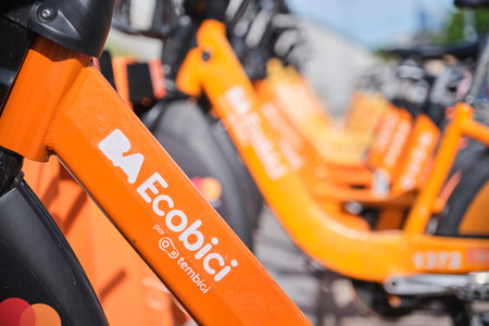 October 23, 2022, Buenos Aires, Argentina: row of bikes at an Ecobici parking station, the bicycle rental service of the city. Ecological and sustainable urban mobility concept.のeditorial素材