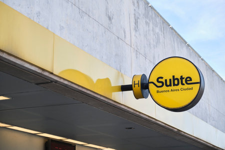 Buenos Aires, Argentina, October 23, 2022: Subway signage at the entrance of the Faculty of Law station of the H line of the subway of the city.のeditorial素材
