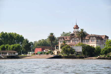 Tigre, Buenos Aires, Argentina, Jan 11 2022: Headquarters of the Club de Regatas La Marina, private rowing club, as seen from the Lujan River.のeditorial素材