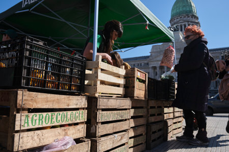 Buenos Aires, Argentina, Sept 21, 2021: UTT, Land Workers Union, organic vegetable sales stand as part of a protest demanding the Land Access Law and defending the sustainable and healthy agriculture.のeditorial素材