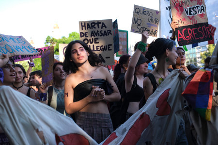 Buenos Aires, Argentina; March 8, 2023: Group of young people marching during the feminist strike, the International Women's Dayのeditorial素材