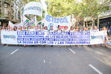 Buenos Aires, Argentina; March 8 2023: International feminist strike. International Working Women Day. With this justice there are no rights or democracy. The debt is with women and non binary workersのeditorial素材