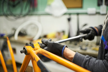 Maintenance of a bicycle: unknown man using protective gloves disassembling an orange bike at his repair shop.の写真素材