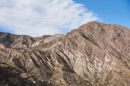 Mountainous landscape, mountain peaks in the Andean area of Potrerillos, in Mendoza, Argentinaの写真素材