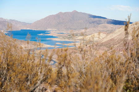 Andean mountain scenery in Argentina, the Mendoza river flows through a valley between the mountains. Vegetation in the foreground provides depth to the landscape.の写真素材