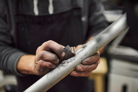 Hands of an unrecognizable person sanding an unpainted bicycle frame as part of the process of a bike renovation work made at his workshop. Close up composition.の写真素材