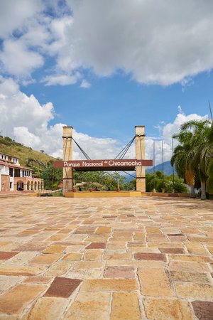 Aratoca, Santander, Colombia, Nov 23, 2022: Flags square of the Chicamocha National Park, a popular tourist destination with spectacular Andean scenery and attractions.のeditorial素材