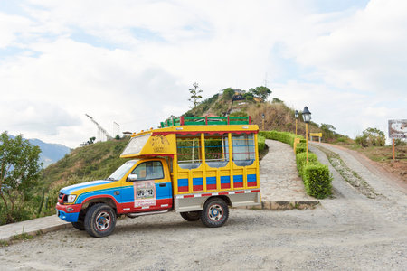 Aratoca, Santander, Colombia, Nov 23, 2022: Chiva, a traditional Colombian vehicle, used to go to the Chicamocha National Park lookout point, a popular tourist destinationのeditorial素材
