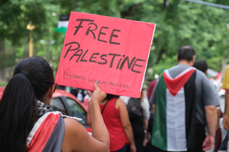 Buenos Aires, Argentina, Feb 16, 2024: people marching in solidarity with Palestine against Israel...
