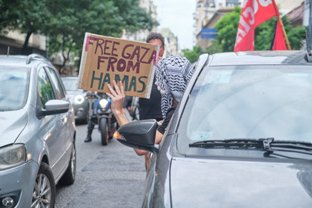 Buenos Aires, Argentina, Feb 16, 2024: Caravan protest in solidarity with Palestinian people, person...