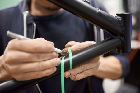 Unrecognizable man preparing a bicycle frame with a scalpel and masking tape for a custom painting design in his bike workshop.の写真素材