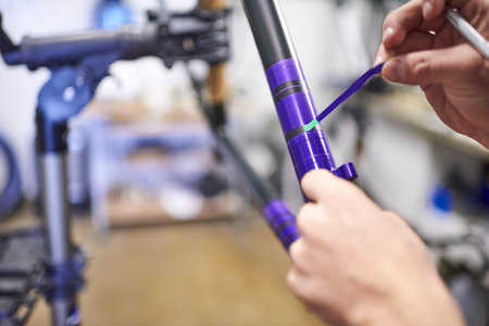 Unknown person working on a custom bike frame painting design in purple and black, a creative and...