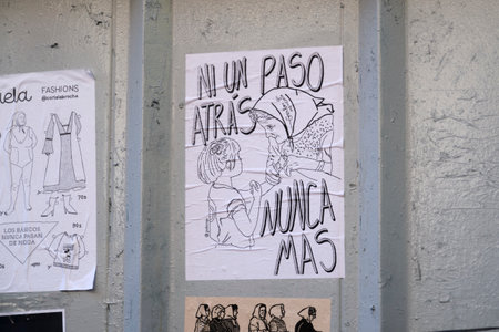 Buenos Aires, Argentina; March 24, 2024: National Day of Remembrance for Truth and Justice. Poster with a drawing of a Plaza de Mayo grandmother with a girl and the text Not a step back. Never again.のeditorial素材