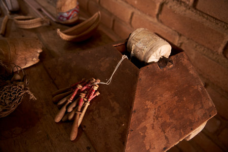 Barichara, Santander, Colombia; November 25, 2022: Traditional bobbin loom, used for handmade lace...