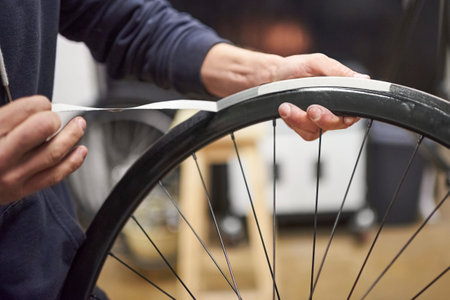 Unknown person working on a bike painting. Time to remove the masking tape from the wheel rim. Close up view of the hands.の写真素材
