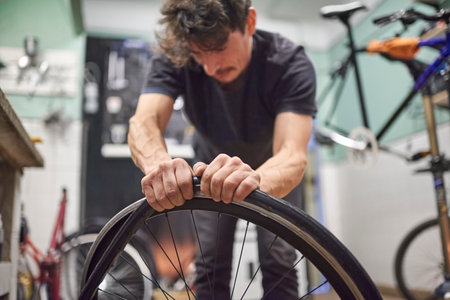 Hispanic bicycle repairman mounting an airless solid tire on a bike wheel at his repair shop. Selective focus composition with copy space.の写真素材