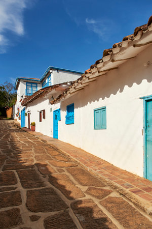 Colonial cobbled street of Barichara, Colombia, declared a National Monument and known for being the most beautiful Colombian village.の写真素材