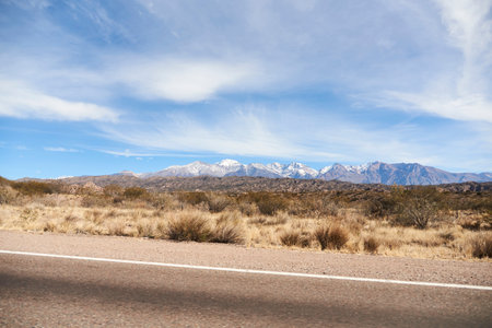 On the side of a road in Mendoza, Argentina, a landscape stretches out with the mountains of the Andes in the distance on the horizon.の写真素材
