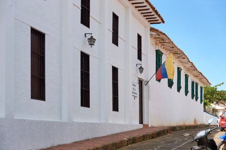 Barichara, Santander, Colombia; November 25, 2022: Facade of the Ceramics Museum of this touristic town, declared a National Monument and known for being the most beautiful Colombian village.のeditorial素材
