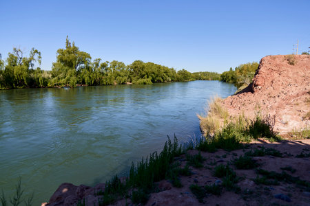 Neuquen River in Argentina. Quiet scene, the water flows calmly between the banks, with lush...