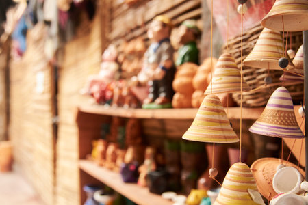 Sale of ceramic handicrafts in Raquira, Boyaca, Colombia. A hanging bell ornament stands out in the foreground, in a composition with copy space and selective focus.の写真素材