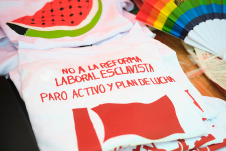 February 11, 2026; Buenos Aires, Argentina: massive protest against labor reform being debated that same day in the Senate. T-shirt text: No to slave labor reform. Active strike and plan of action.のeditorial素材