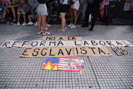 February 11, 2026; Buenos Aires, Argentina: massive protest against labor reform being debated that same day in the Senate. Sign: No to slave labor reform.のeditorial素材