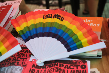 February 11, 2026; Buenos Aires, Argentina: massive protest against labor reform being debated that same day in the Senate. Rainbow fan with the message Milei out.のeditorial素材