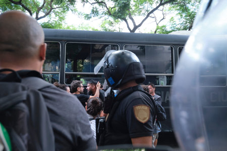 February 11, 2026; Buenos Aires, Argentina: massive protest against labor reform being debated that same day in the Senate. Dozens of people were detained by the police.のeditorial素材