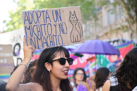 March 9, 2026; Buenos Aires, Argentina: March for International Women's Day. Poster: Adopt a kitten,...