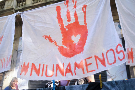March 9, 2026; Buenos Aires, Argentina: March for International Women's Day. Flag with a red hand...