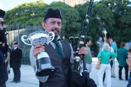 March 15, 2026; Buenos Aires, Argentina: St. Patrick's Day celebration. Bagpiper Kevin Ham, leader...