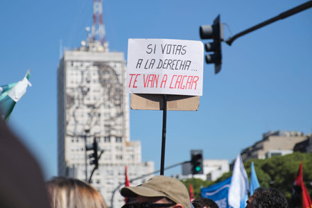 March 24, 2026; Buenos Aires, Argentina: Day of Remembrance for Truth and Justice. People marching through downtown. Sign: If you vote for the right, they are going to screw you over.のeditorial素材