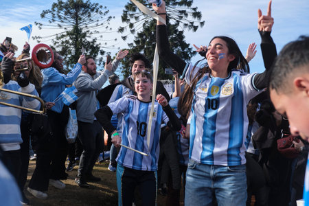 Buenos Aires, Argentina; July 7, 2026: Argentine soccer team fans watching the match against Egypt of the FIFA World Cup at the Fan Fest.