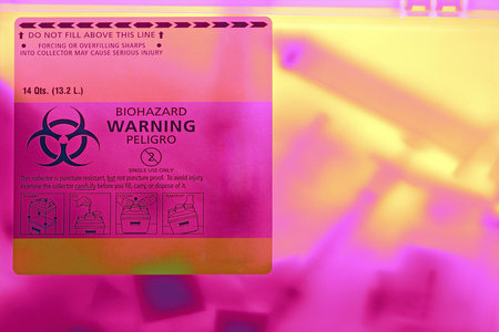 Backlit Medical Sharps Container and label (8MP camera). Used to deposit sharps and needles to...
