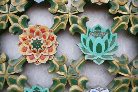 Daeseongsa Temple, Seoul, South Korea - May 11, 2018 : Detail of a door showing carved and painted lotus and hanji paper.のeditorial素材