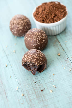 Chocolate truffle candies with crumbs with cocoa powder room for text from above