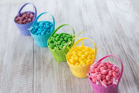Colored jelly beans for Easter lined up in a row