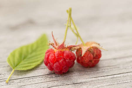 Red ripe raspberries with leaf on wood table