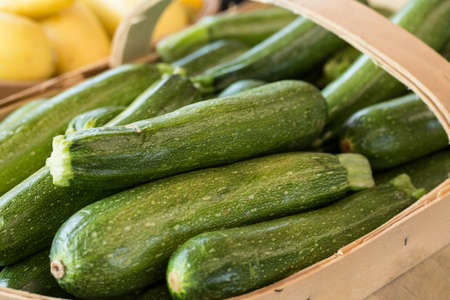 Zucchini for sale in a basket at farmers market in Asheville North Carolinaの写真素材