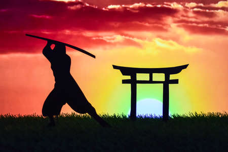 Ninja illustration with sunset Backgroundの写真素材