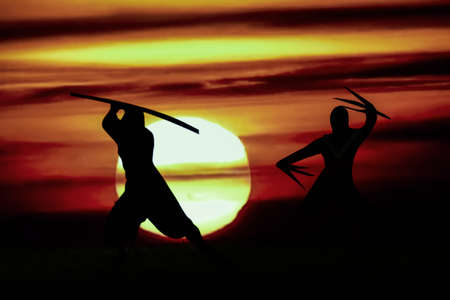 Ninja illustration with sunset Backgroundの写真素材