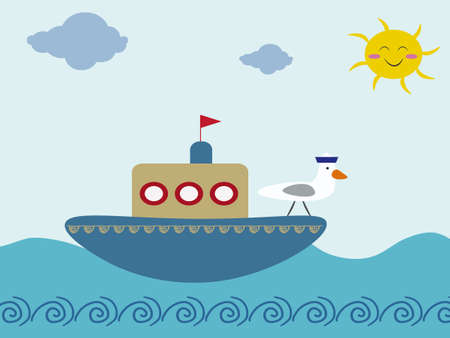 Sea boat with seagull illustrationの写真素材
