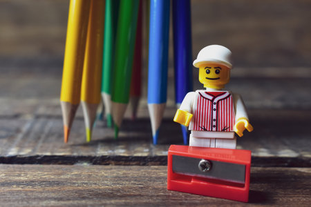 Lego toy with colored pencils on woodenのeditorial素材